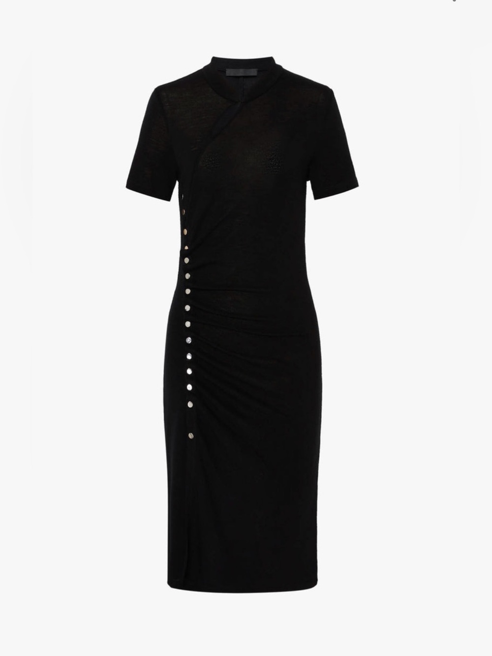 Mo&Co Black Short-Sleeve Ruched Wool Midi Dress with Side Button Detail M Medium